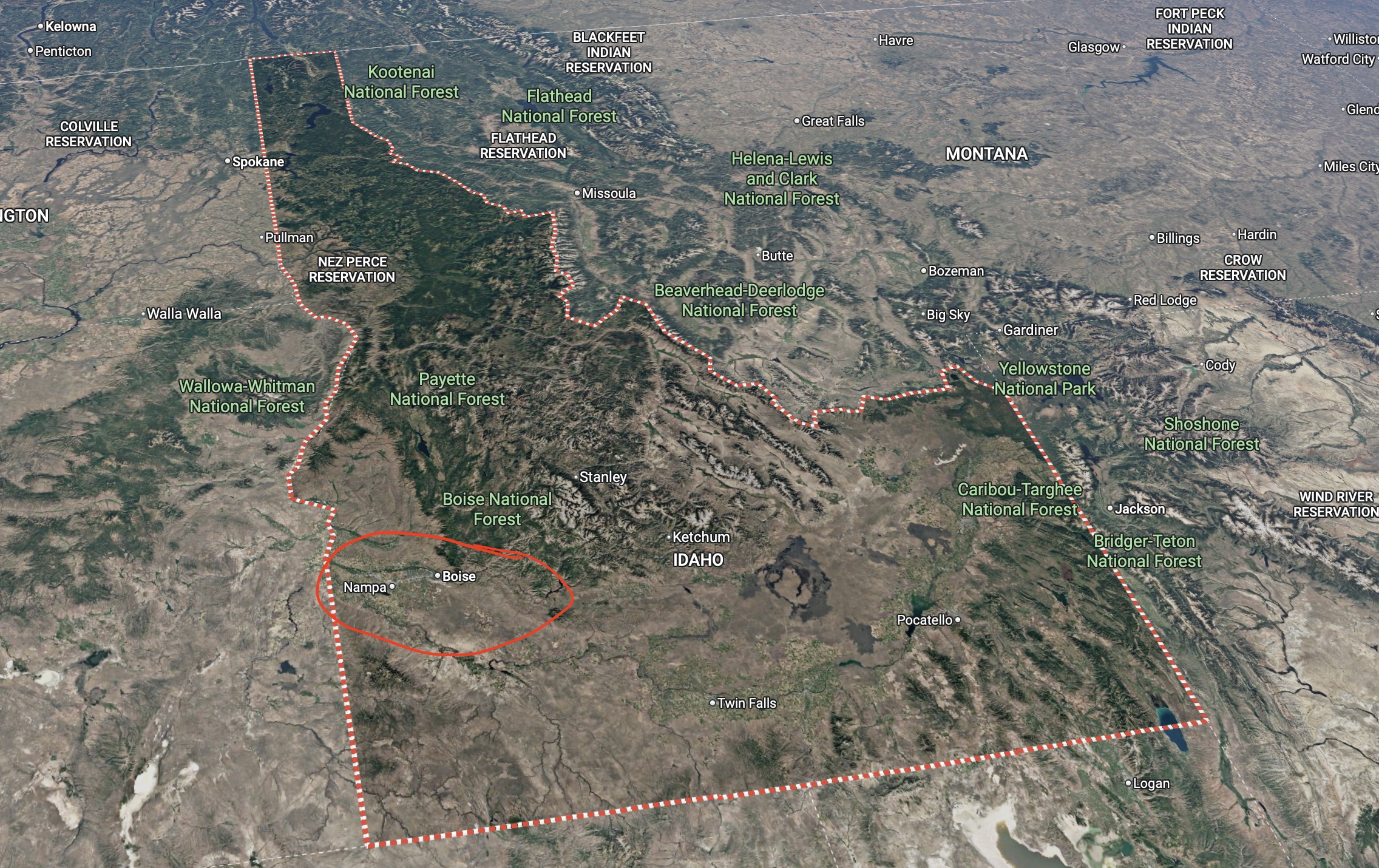 Screenshot of map of Idaho with Treasure Valley and Boise Area Circled 